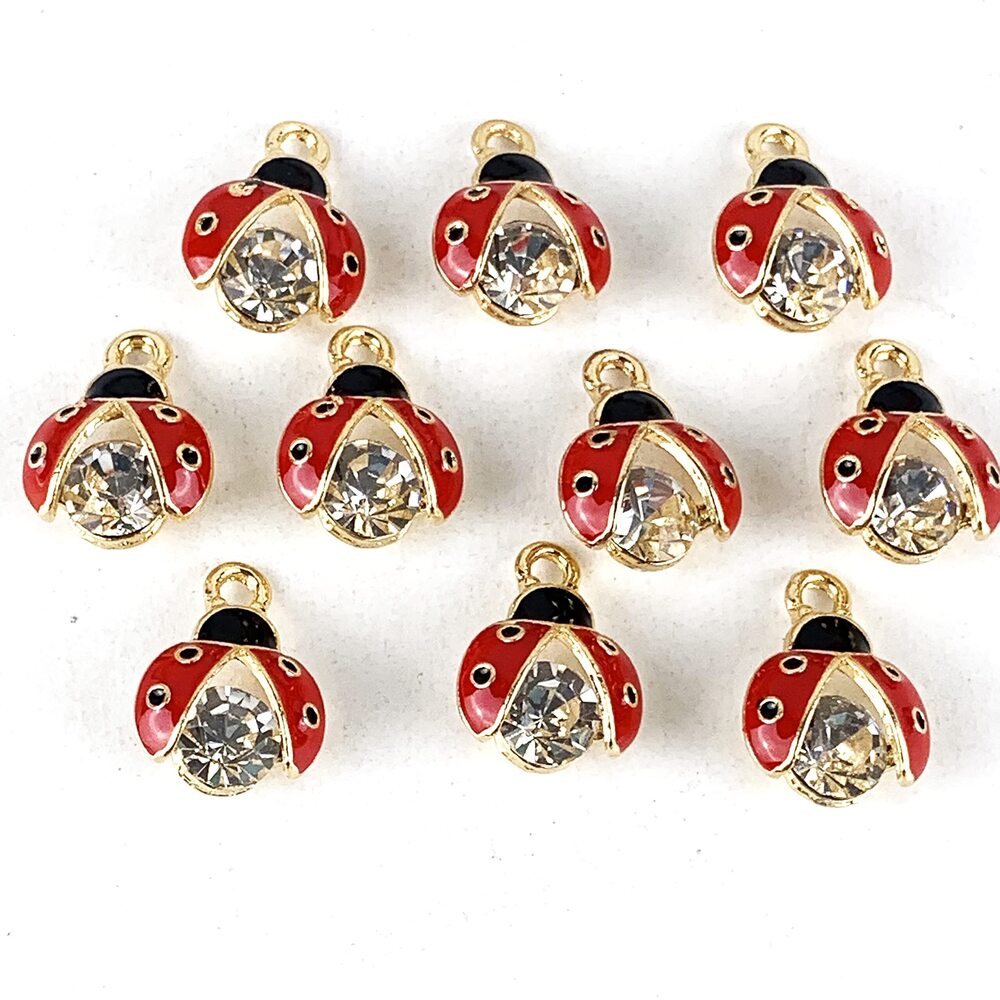 9170 10PC Gold Plated Red Ladybug Clear Rhinestone Enamel Alloy Charms